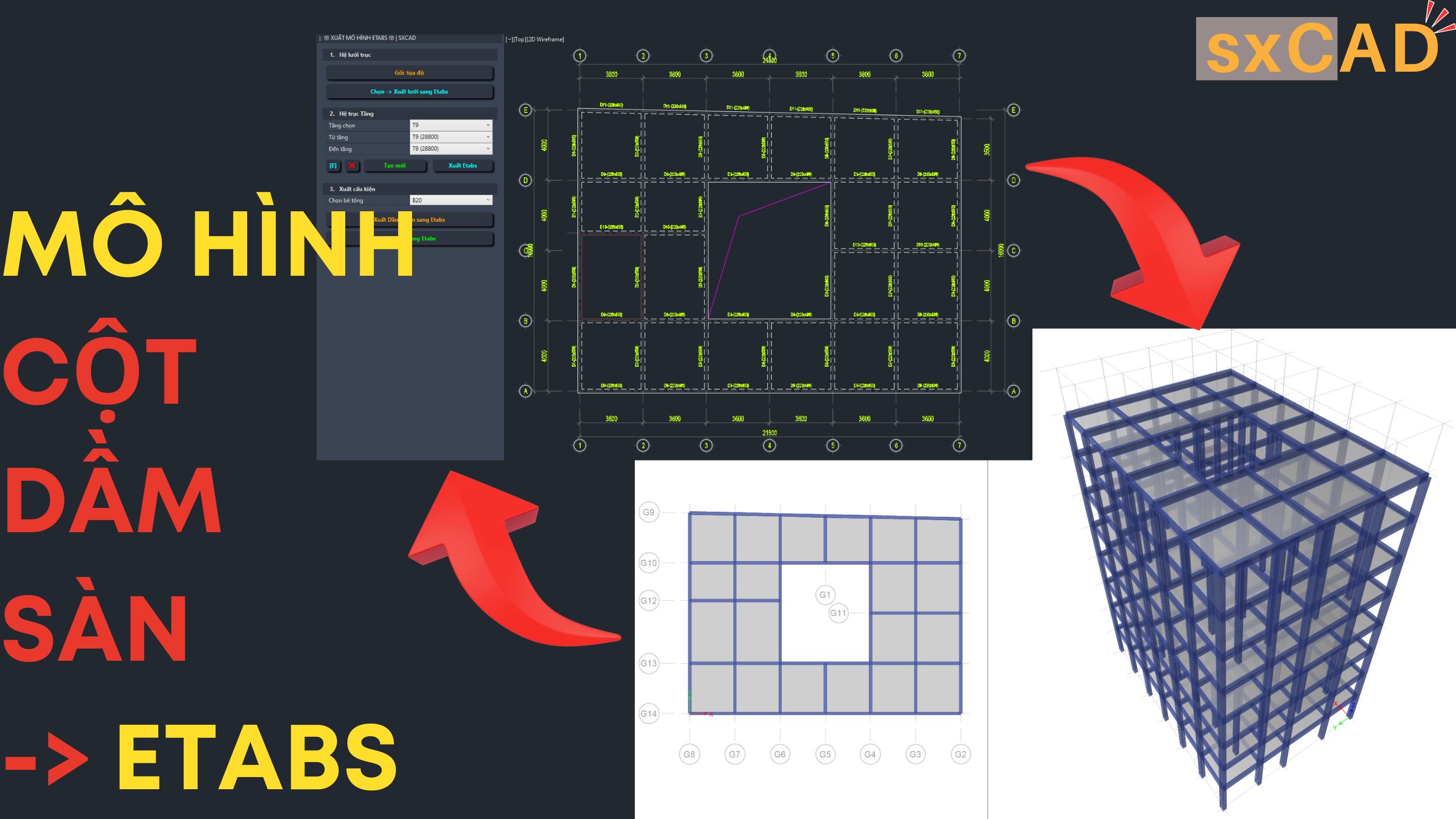 Mô hình cột, dầm, sàn từ AutoCAD qua ETABS quá đơn giản với sxCAD